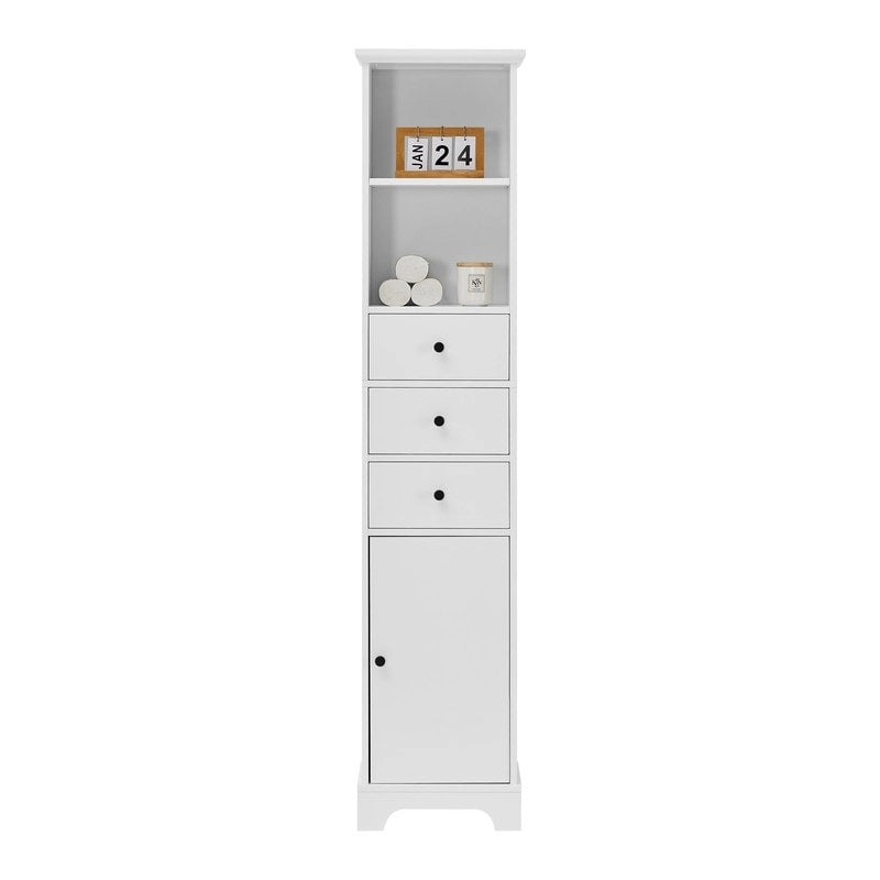 Meuble de Salle de Bain Haut Blanc, Armoire de Rangement Autoportante avec 3 Tiroirs et Étagère Réglable, Panneau MDF avec Finition Peinte