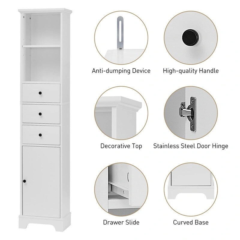 Meuble de Salle de Bain Haut Blanc, Armoire de Rangement Autoportante avec 3 Tiroirs et Étagère Réglable, Panneau MDF avec Finition Peinte