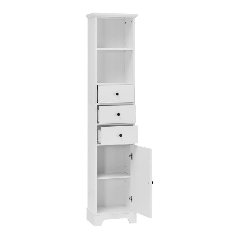Meuble de Salle de Bain Haut Blanc, Armoire de Rangement Autoportante avec 3 Tiroirs et Étagère Réglable, Panneau MDF avec Finition Peinte