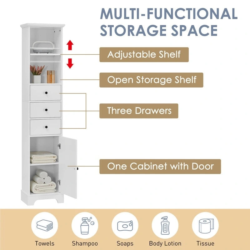 Meuble de Salle de Bain Haut Blanc, Armoire de Rangement Autoportante avec 3 Tiroirs et Étagère Réglable, Panneau MDF avec Finition Peinte