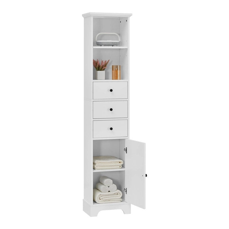 Meuble de Salle de Bain Haut Blanc, Armoire de Rangement Autoportante avec 3 Tiroirs et Étagère Réglable, Panneau MDF avec Finition Peinte