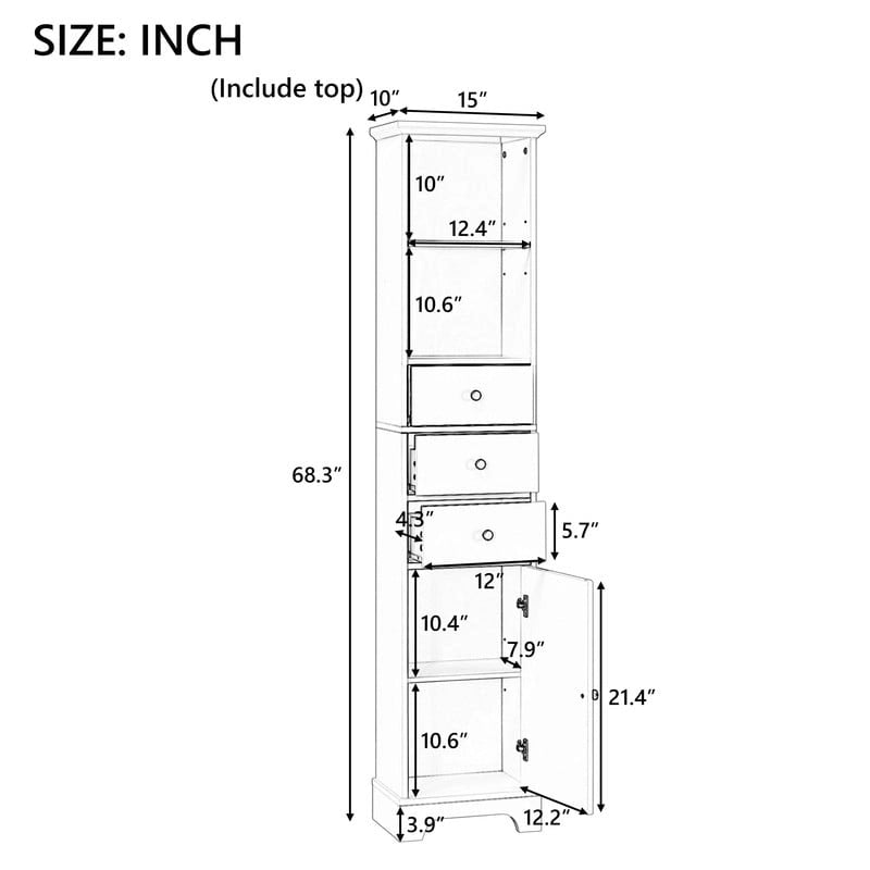 Meuble de Salle de Bain Haut Blanc, Armoire de Rangement Autoportante avec 3 Tiroirs et Étagère Réglable, Panneau MDF avec Finition Peinte