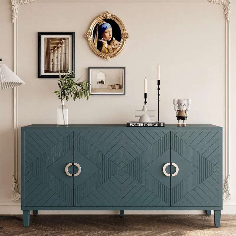 Armoire de rangement 4 portes élégante et fonctionnelle avec pieds en pin et MDF