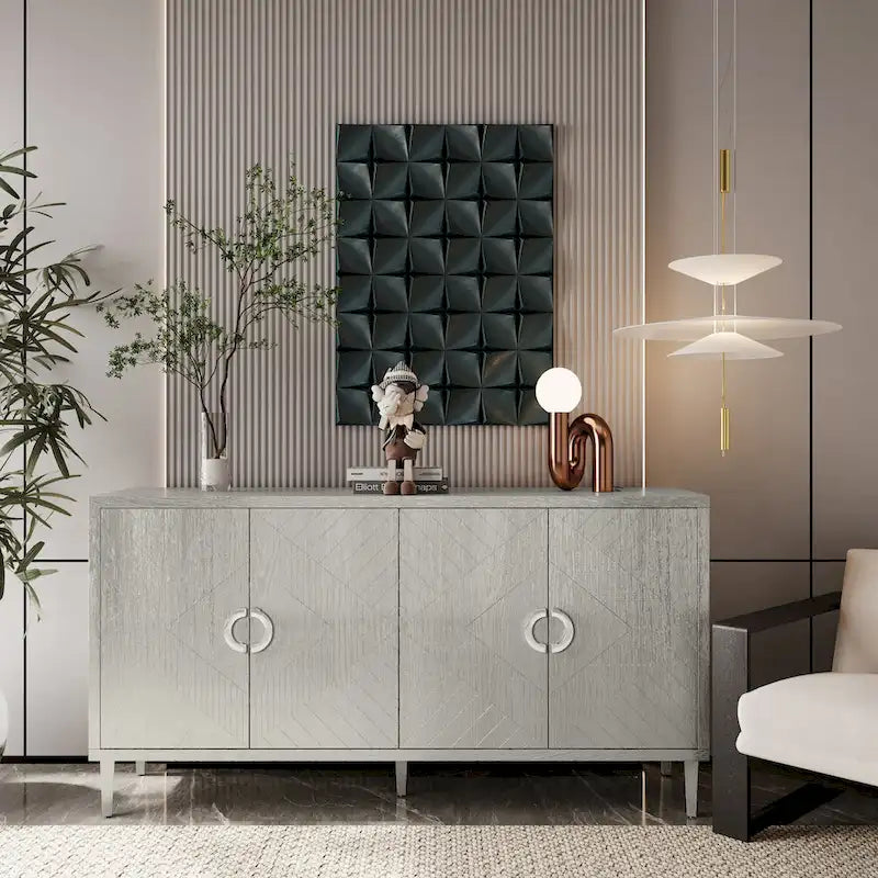 Armoire de rangement 4 portes élégante et fonctionnelle avec pieds en pin et MDF
