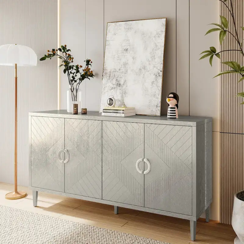 Armoire de rangement 4 portes élégante et fonctionnelle avec pieds en pin et MDF