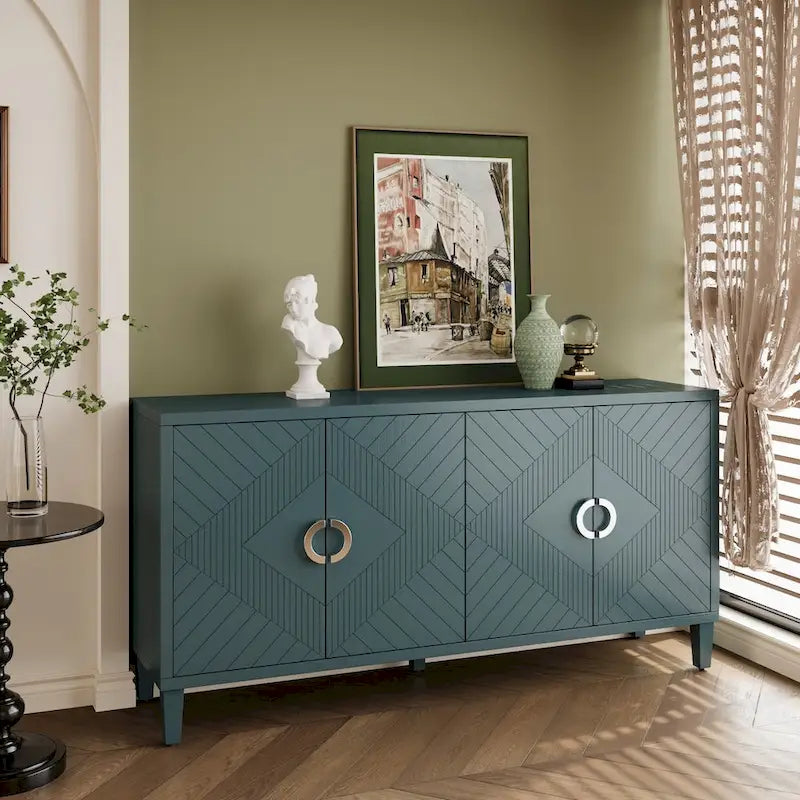 Armoire de rangement 4 portes élégante et fonctionnelle avec pieds en pin et MDF