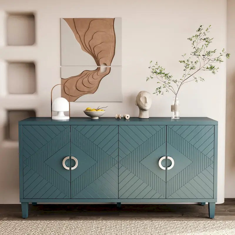Armoire de rangement 4 portes élégante et fonctionnelle avec pieds en pin et MDF