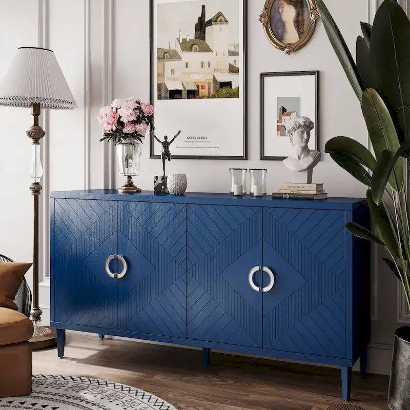 Armoire de rangement 4 portes élégante et fonctionnelle avec pieds en pin et MDF