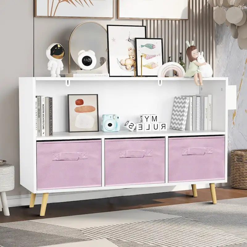 Meuble de rangement moderne et élégant en bois avec trois tiroirs en tissu pliable