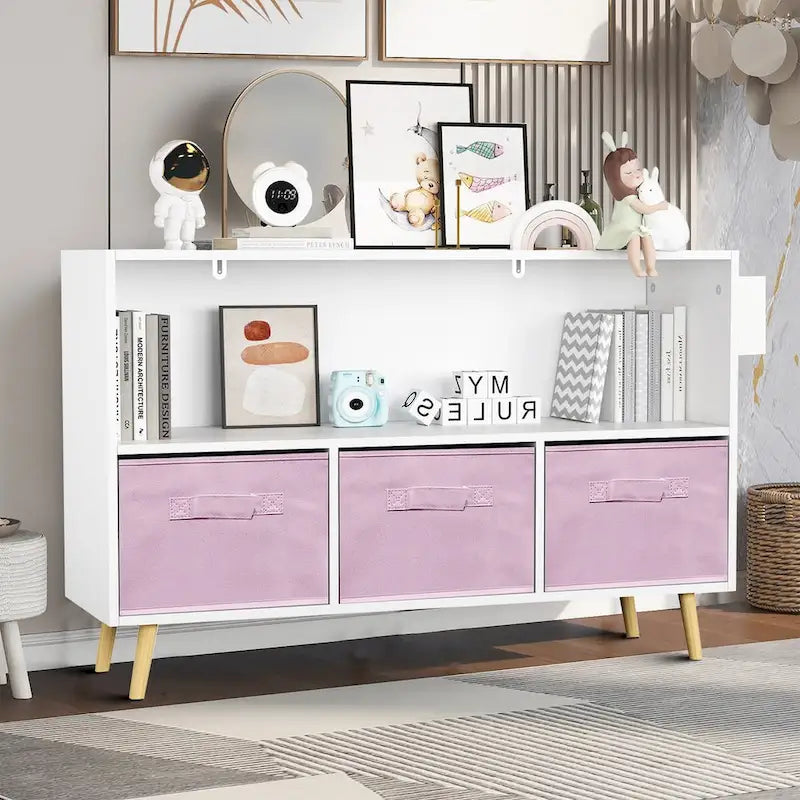 Meuble de rangement moderne et élégant en bois avec trois tiroirs en tissu pliable