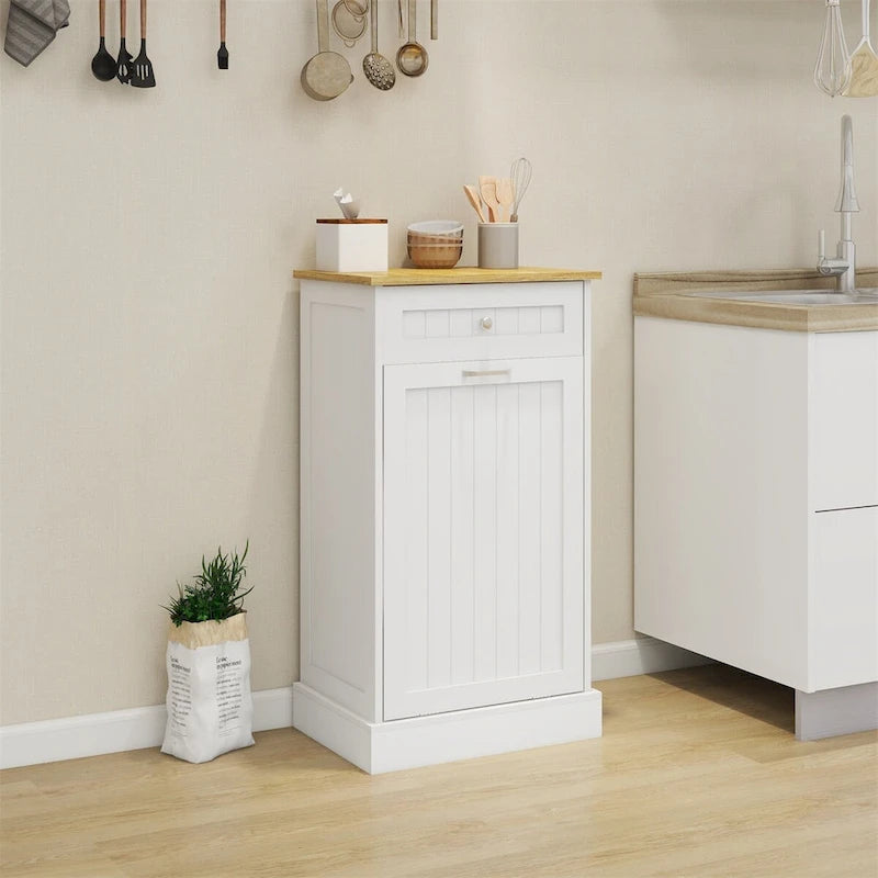Freestanding Kitchen Trash Cabinet, Modern Wood 20-Inch Tilt-Out Trash Cabinet with Storage Drawer