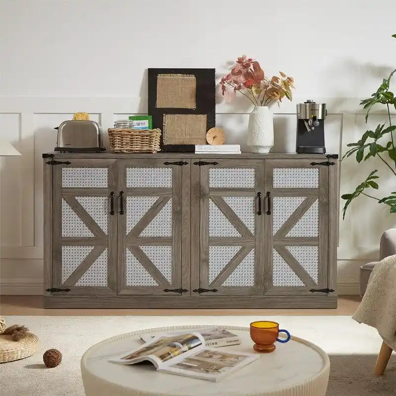 Buffet en rotin de 64,96W avec meuble de rangement à 4 portes - N/A