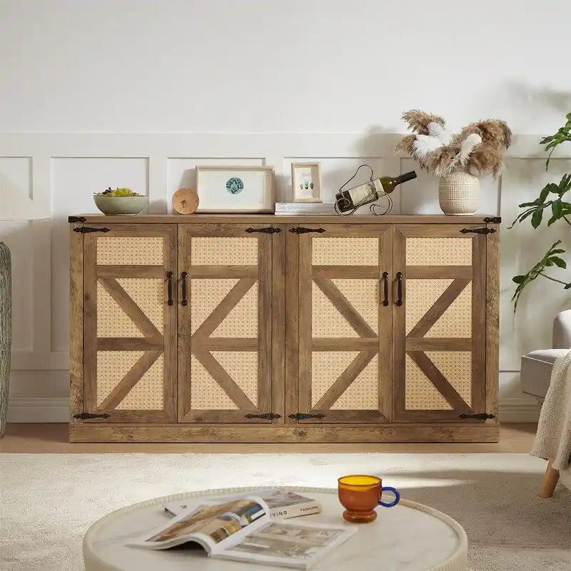 Buffet en rotin de 64,96W avec meuble de rangement à 4 portes - N/A