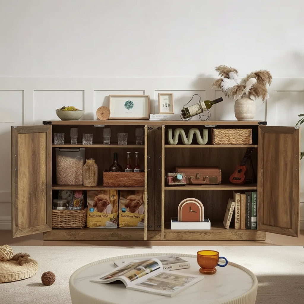 Buffet en rotin de 64,96W avec meuble de rangement à 4 portes - N/A
