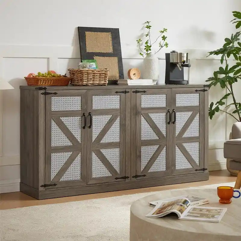Buffet en rotin de 64,96W avec meuble de rangement à 4 portes - N/A