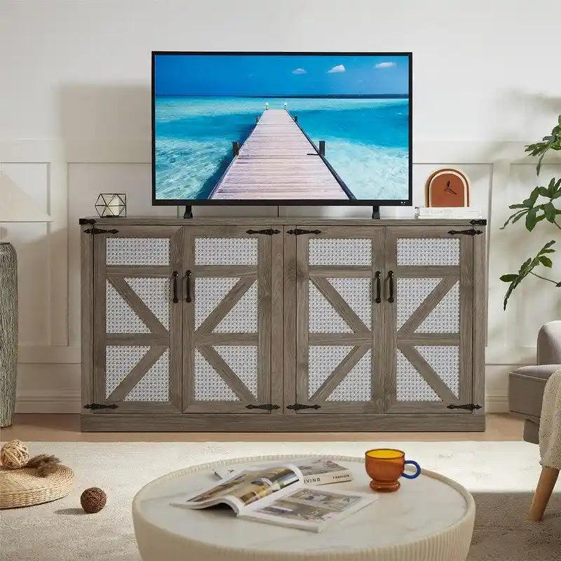 Buffet en rotin de 64,96W avec meuble de rangement à 4 portes - N/A
