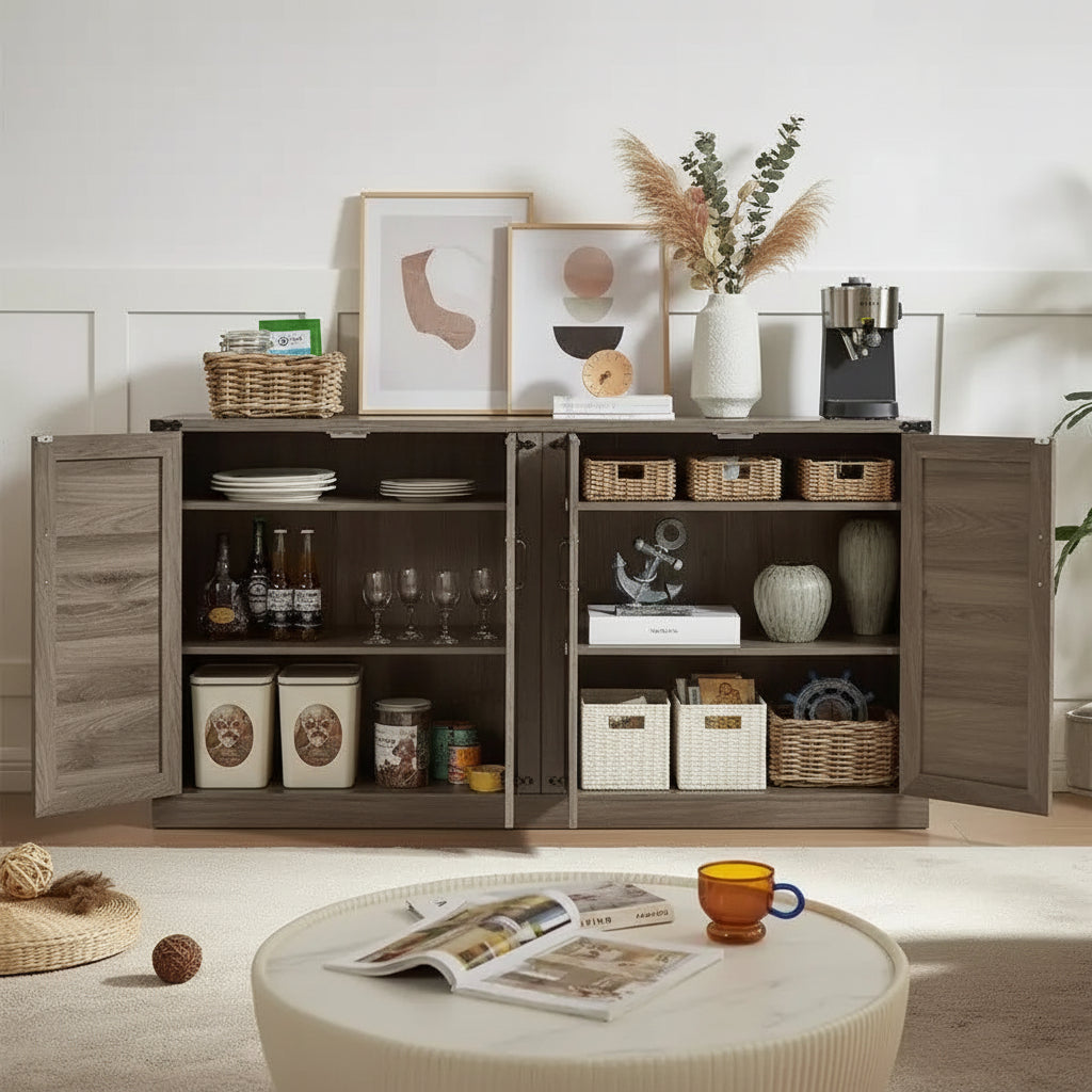 Buffet en rotin de 64,96W avec meuble de rangement à 4 portes - N/A