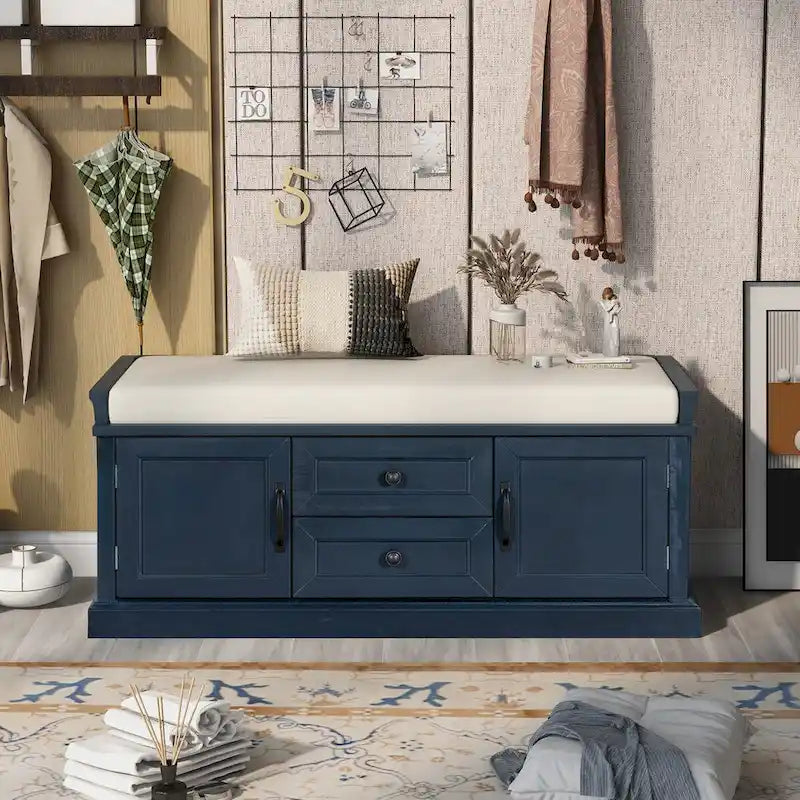 Banc de rangement avec 2 tiroirs et 2 placards, Banc à chaussures avec coussin amovible pour salon, entrée