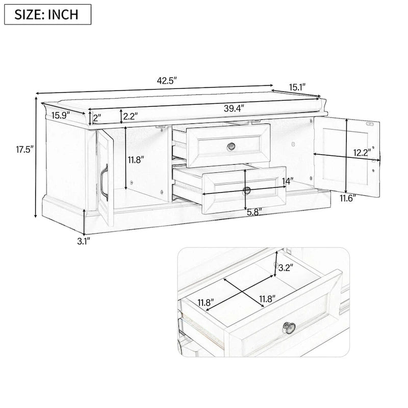 Banc de rangement avec 2 tiroirs et 2 placards, Banc à chaussures avec coussin amovible pour salon, entrée
