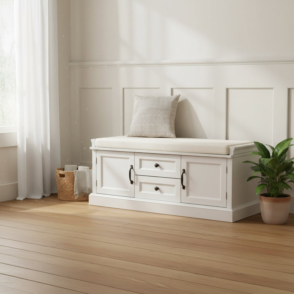 Banc de rangement avec 2 tiroirs et 2 placards, Banc à chaussures avec coussin amovible pour salon, entrée