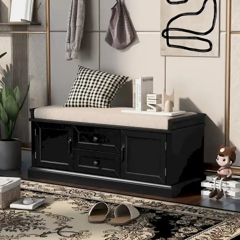Banc de rangement avec 2 tiroirs et 2 placards, Banc à chaussures avec coussin amovible pour salon, entrée