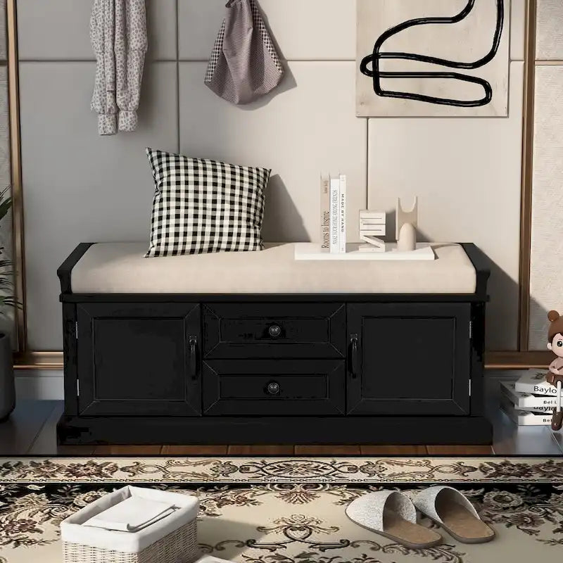 Banc de rangement avec 2 tiroirs et 2 placards, Banc à chaussures avec coussin amovible pour salon, entrée