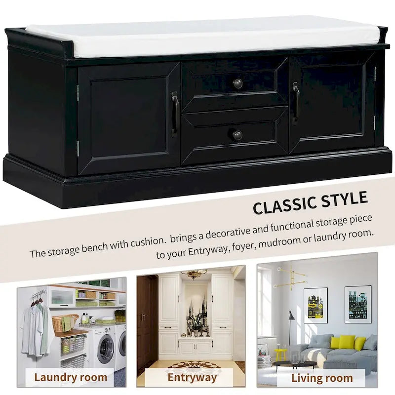 Banc de rangement avec 2 tiroirs et 2 placards, Banc à chaussures avec coussin amovible pour salon, entrée