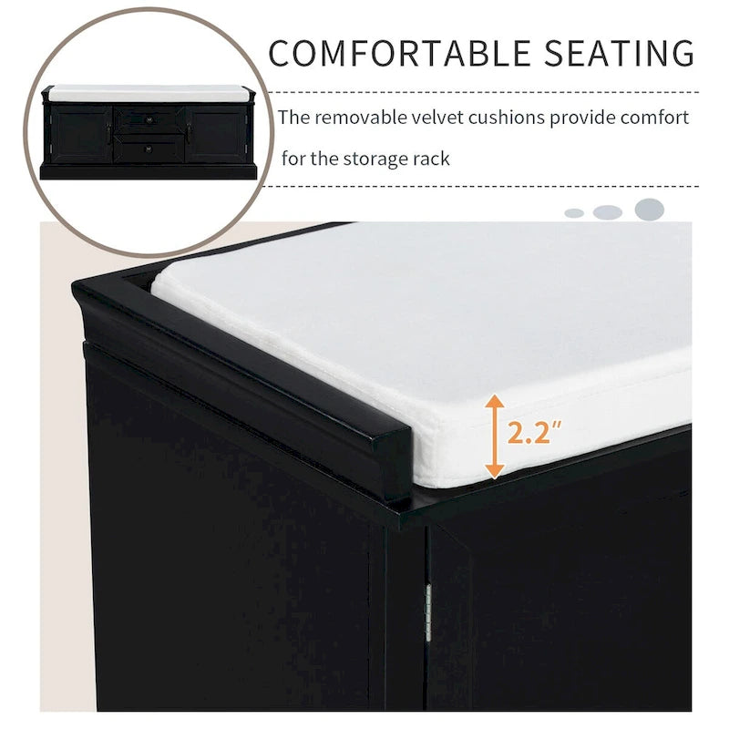 Banc de rangement avec 2 tiroirs et 2 placards, Banc à chaussures avec coussin amovible pour salon, entrée