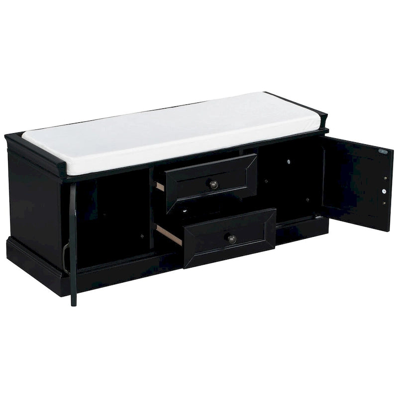 Banc de rangement avec 2 tiroirs et 2 placards, Banc à chaussures avec coussin amovible pour salon, entrée