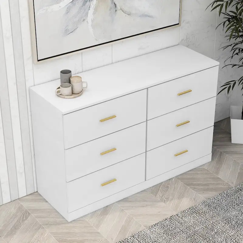Commode moderne blanche à 6 tiroirs pour chambre - Grande capacité de rangement, robuste et sûre