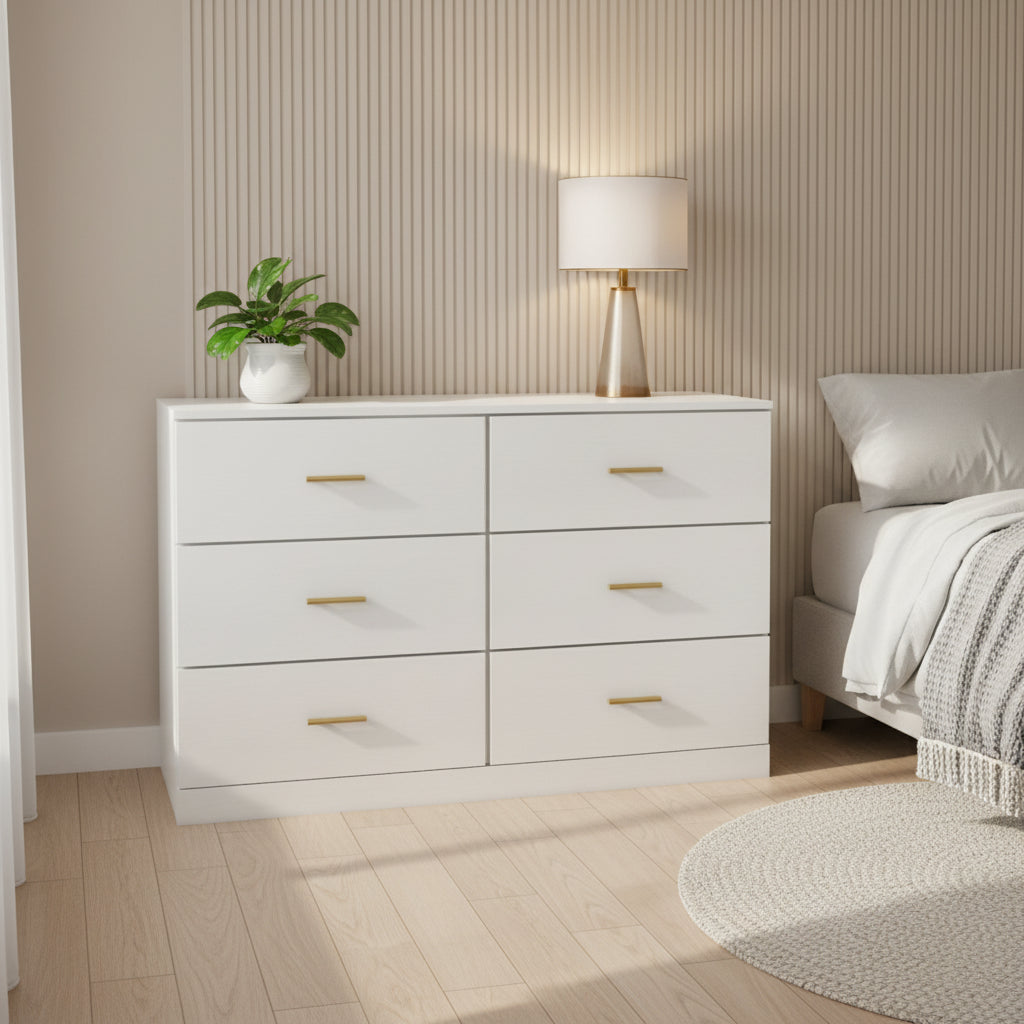 Commode moderne blanche à 6 tiroirs pour chambre - Grande capacité de rangement, robuste et sûre
