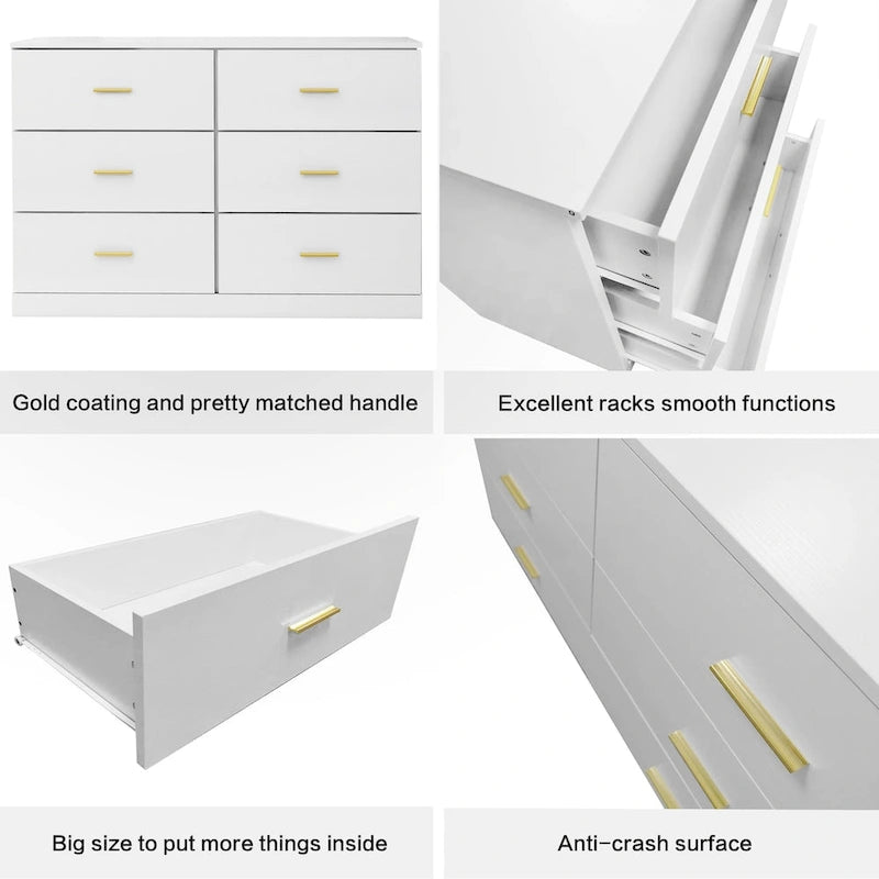 Commode moderne blanche à 6 tiroirs pour chambre - Grande capacité de rangement, robuste et sûre