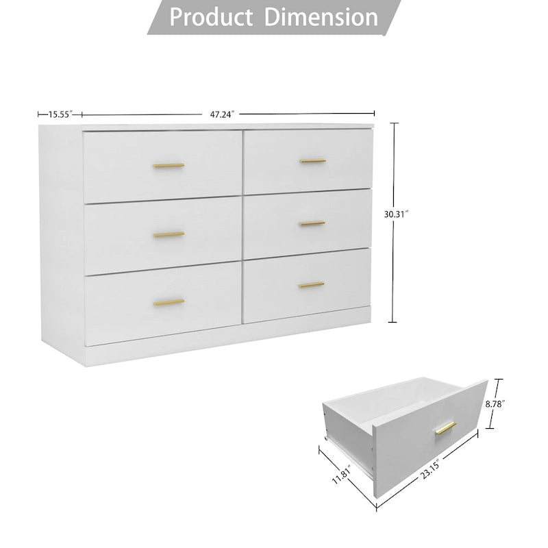 Commode moderne blanche à 6 tiroirs pour chambre - Grande capacité de rangement, robuste et sûre