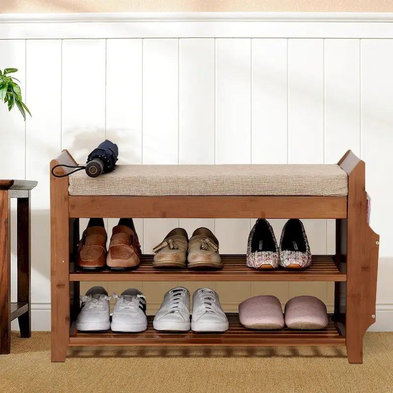 Banc de rangement à chaussures à 2 niveaux pour entrée en bambou - 39,6*11,6*19,6