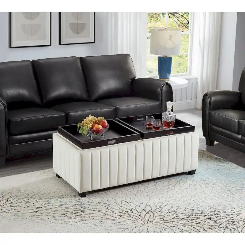 Banc de rangement ottoman carré de 114 cm de large, banc de rangement avec plateau à café, repose-pieds ottoman table basse, tissu velours BEIGE.