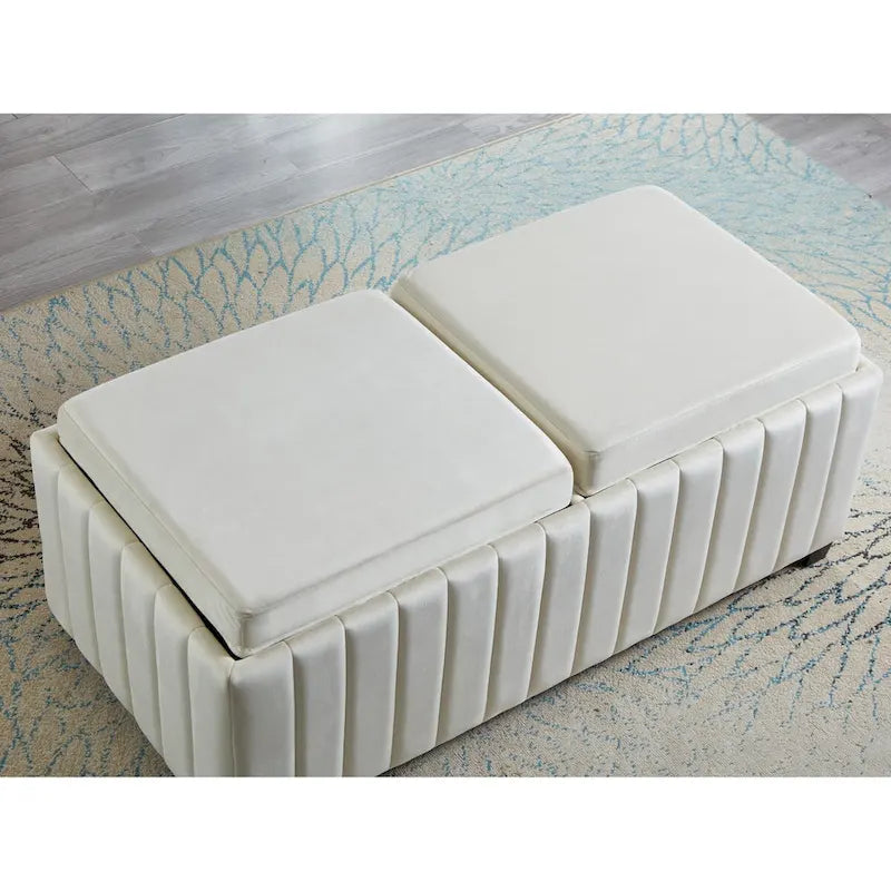 Banc de rangement ottoman carré de 114 cm de large, banc de rangement avec plateau à café, repose-pieds ottoman table basse, tissu velours BEIGE.