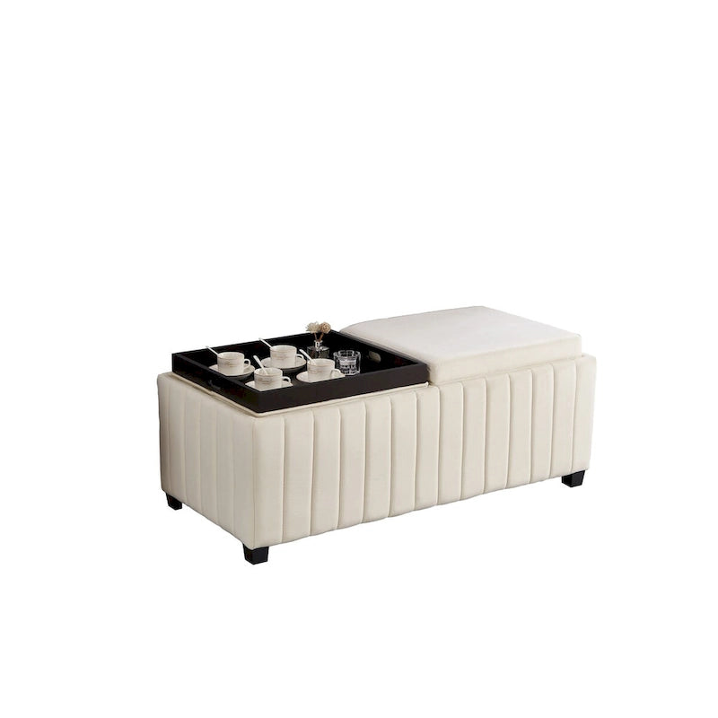 Banc de rangement ottoman carré de 114 cm de large, banc de rangement avec plateau à café, repose-pieds ottoman table basse, tissu velours BEIGE.