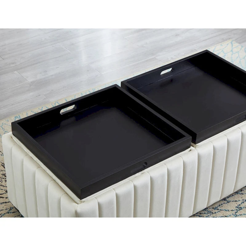 Banc de rangement ottoman carré de 114 cm de large, banc de rangement avec plateau à café, repose-pieds ottoman table basse, tissu velours BEIGE.