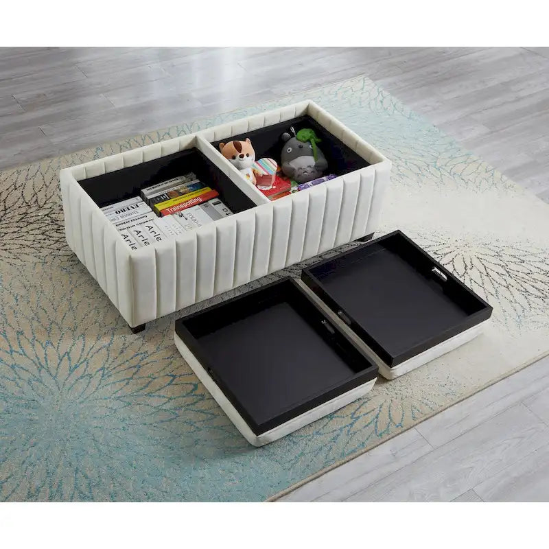 Banc de rangement ottoman carré de 114 cm de large, banc de rangement avec plateau à café, repose-pieds ottoman table basse, tissu velours BEIGE.