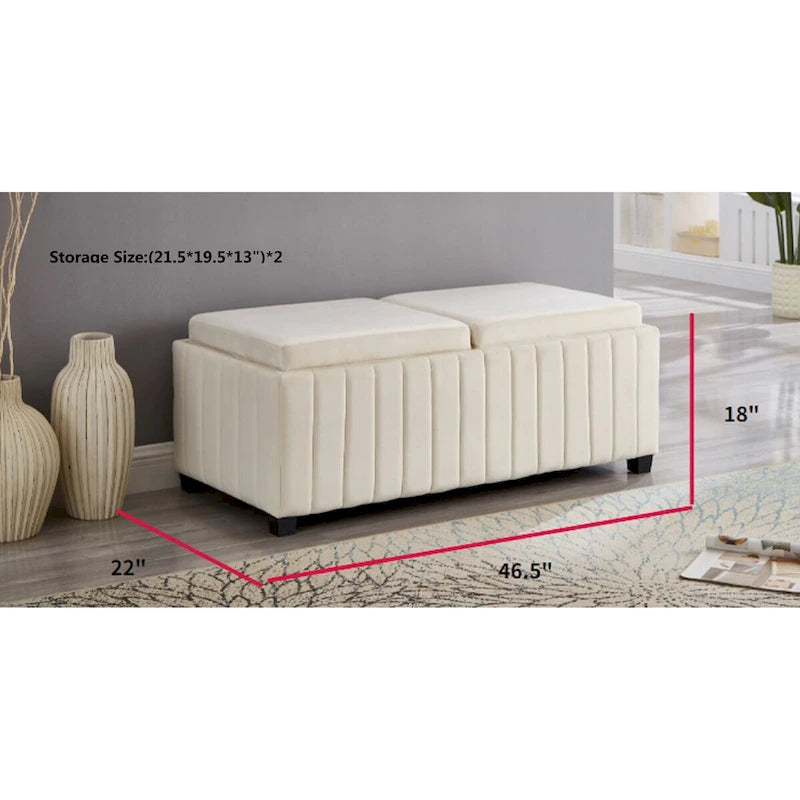 Banc de rangement ottoman carré de 114 cm de large, banc de rangement avec plateau à café, repose-pieds ottoman table basse, tissu velours BEIGE.
