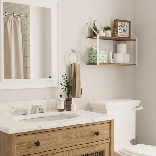 Étagères à 2 niveaux avec supports blancs, Décoration murale de salle de bain, 24x6, Brûlé