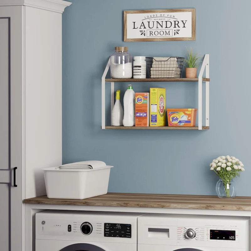 Étagères à 2 niveaux avec supports blancs, Décoration murale de salle de bain, 24x6, Brûlé