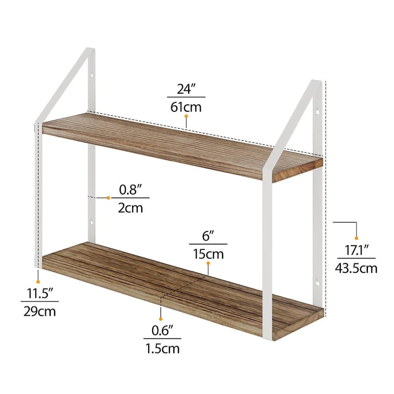 Étagères à 2 niveaux avec supports blancs, Décoration murale de salle de bain, 24x6, Brûlé