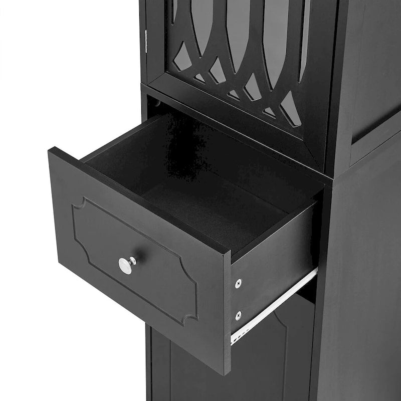 Meuble de salle de bain haut, Meuble de rangement autoportant avec tiroir et portes, Panneau MDF, Porte en acrylique, Étagère réglable, Noir