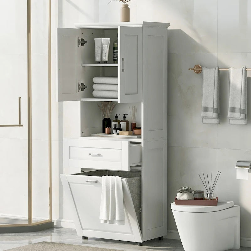 Meuble haut de salle de bain avec panier à linge, grand espace de rangement, panier à linge inclinable et meuble de rangement supérieur
