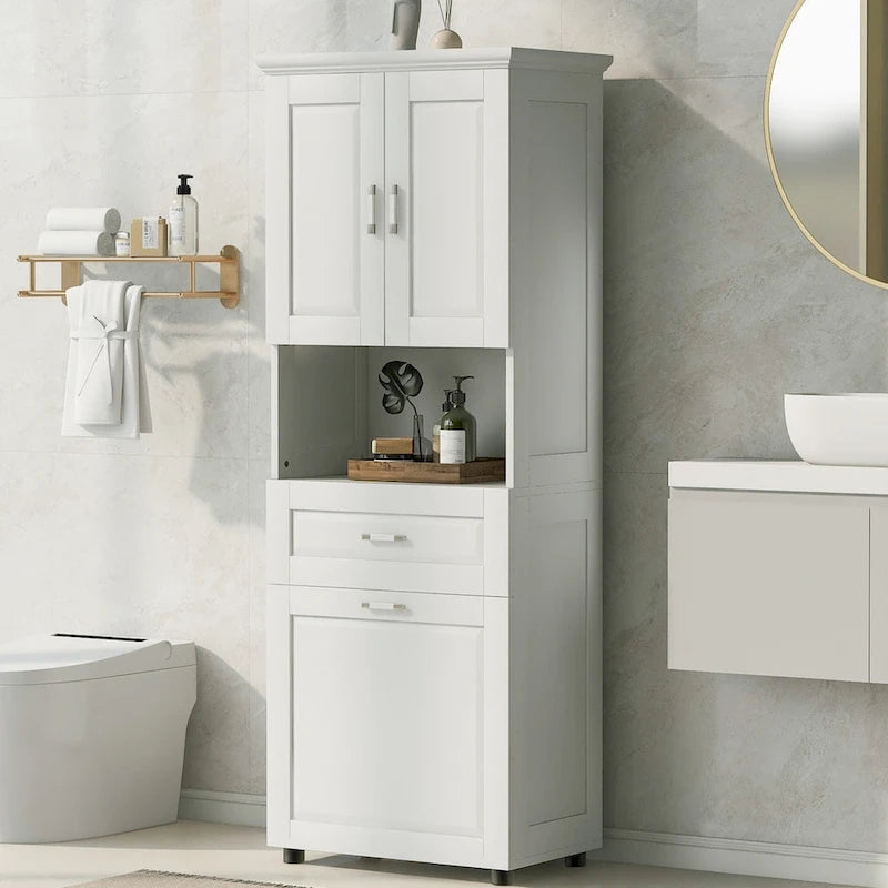 Meuble haut de salle de bain avec panier à linge, grand espace de rangement, panier à linge inclinable et meuble de rangement supérieur
