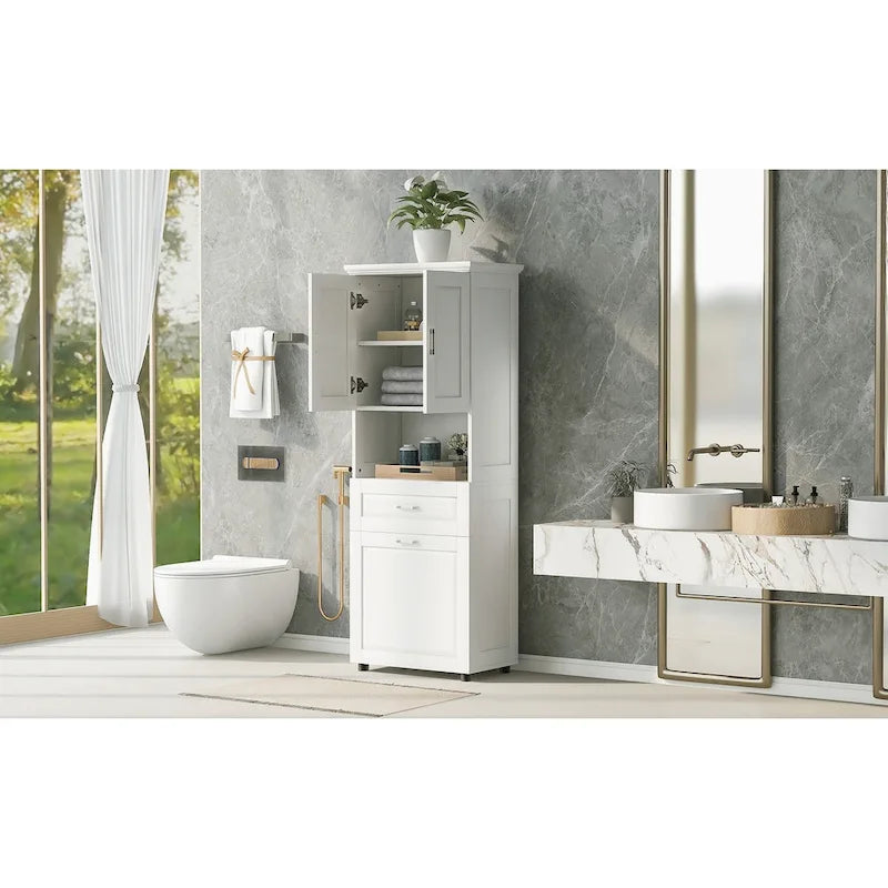 Meuble haut de salle de bain avec panier à linge, grand espace de rangement, panier à linge inclinable et meuble de rangement supérieur