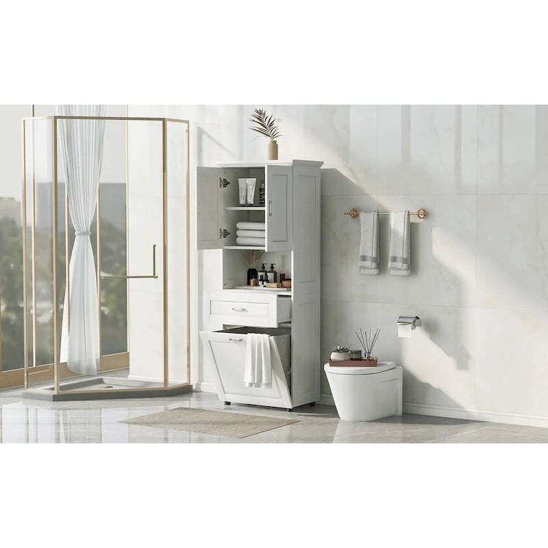 Meuble haut de salle de bain avec panier à linge, grand espace de rangement, panier à linge inclinable et meuble de rangement supérieur