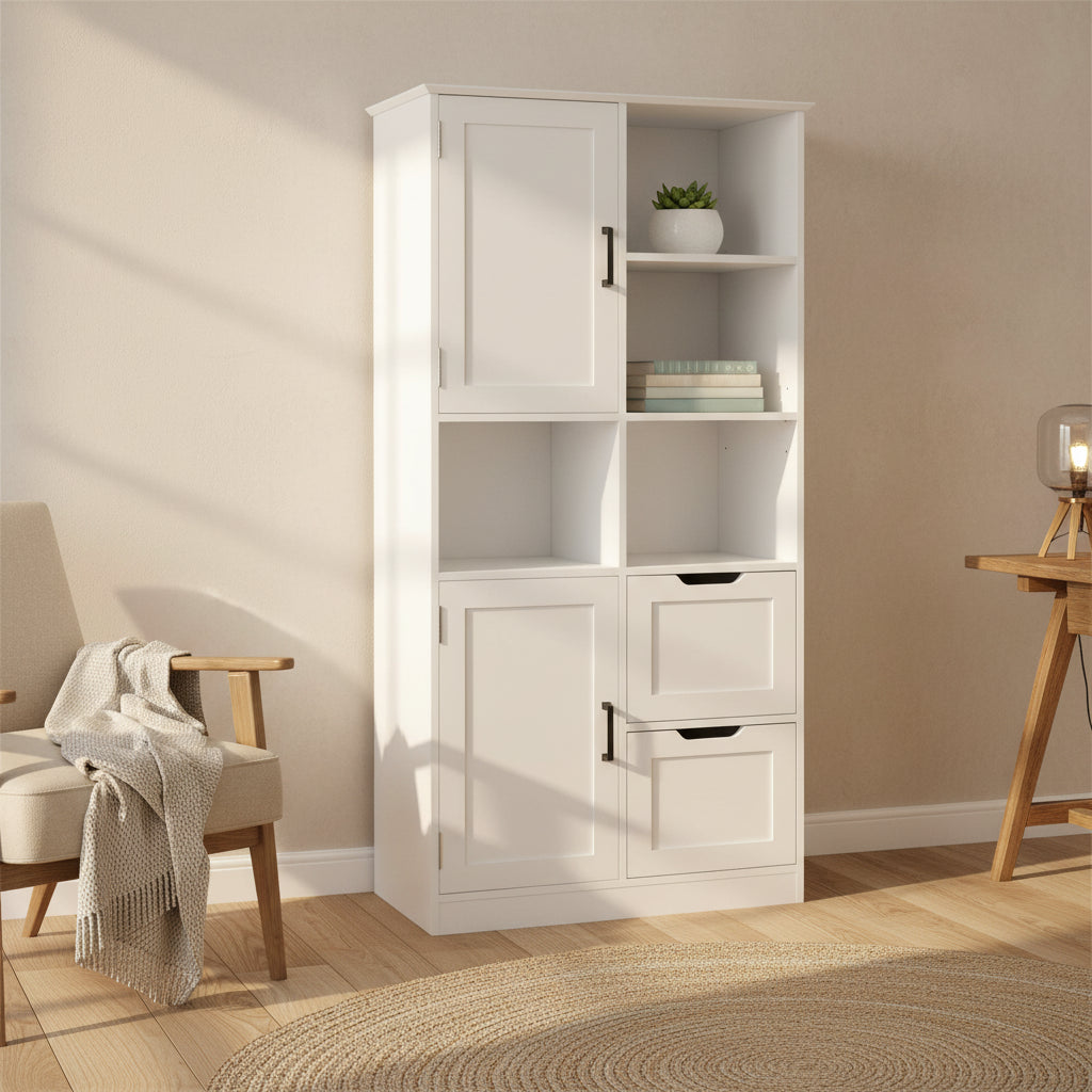 Meuble de rangement de salle de bain avec 2 portes, 2 tiroirs, étagère ouverte et étagère réglable