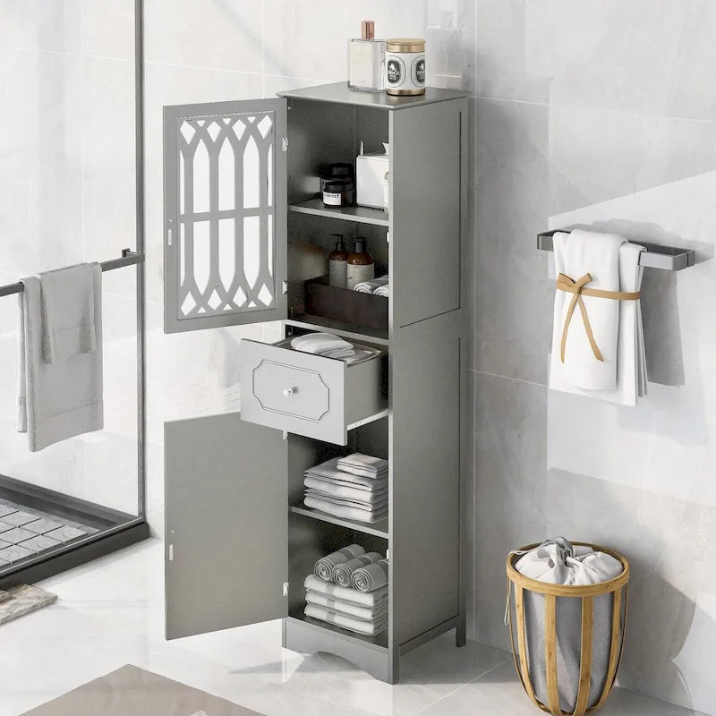 Meuble de salle de bain haut, meuble de rangement autonome avec tiroir et portes, porte en acrylique, étagère réglable